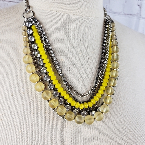 Loft Multi Strand Mixed Media Necklace Beads Rhinestones Chains Silver Yellow - Picture 5 of 11